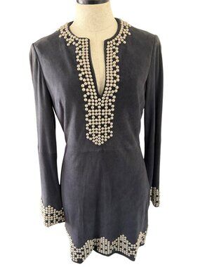 Tory Burch Womens Long Sleeve Studded Mini Dress Size 8 Black Suede Western Boho